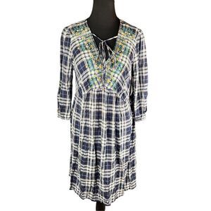Westport 1962 Women Blue fall plaid embroidered Casual Dress L New with tags